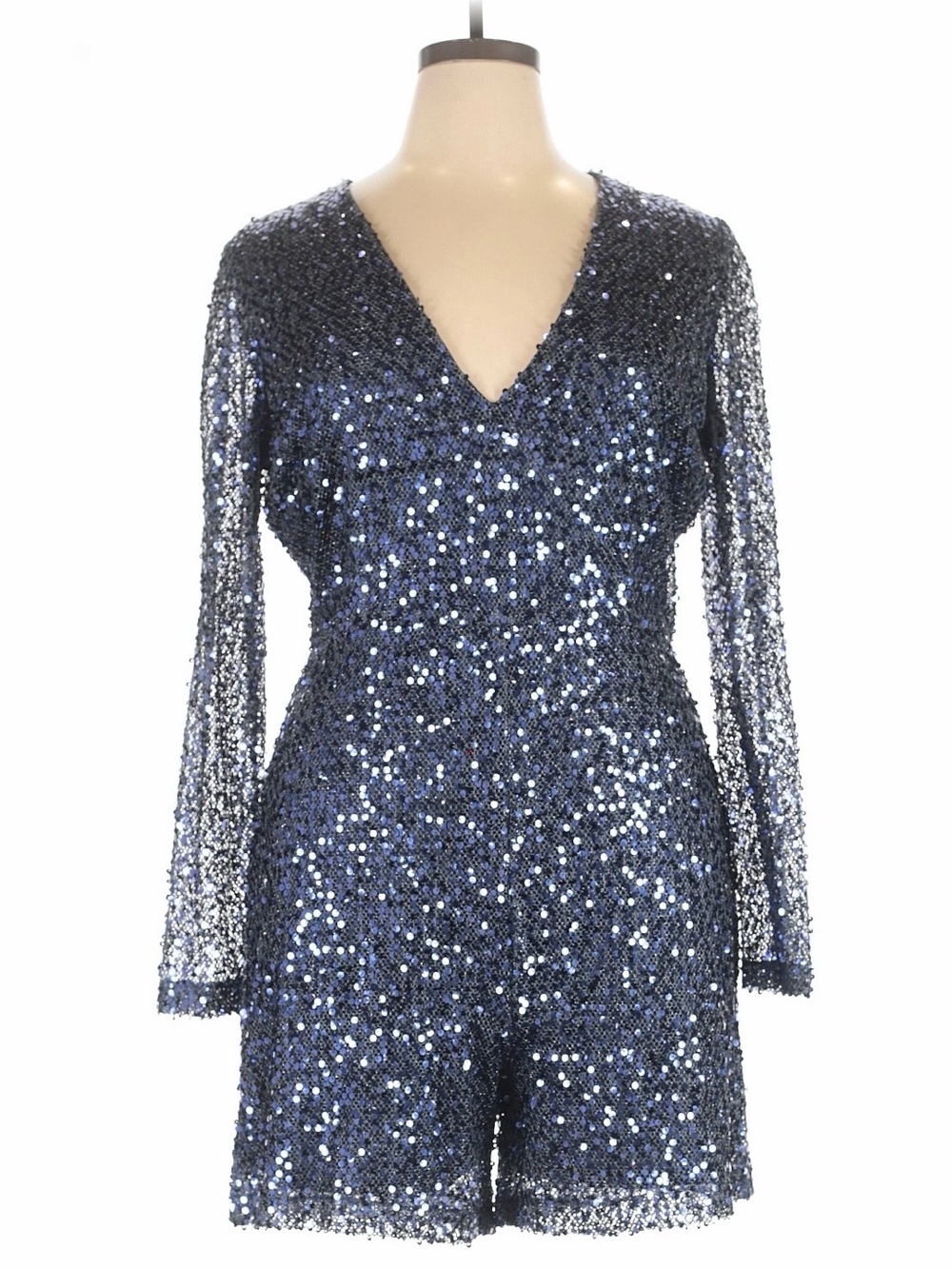 Alexia Admor Navy Blue Sequin V-Neck Long Sleeve Romper size xl